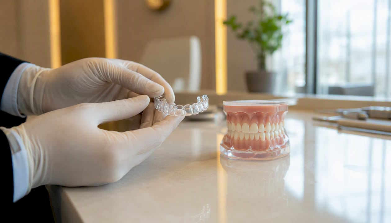 Gloved hands holding clear aligner and tooth mold