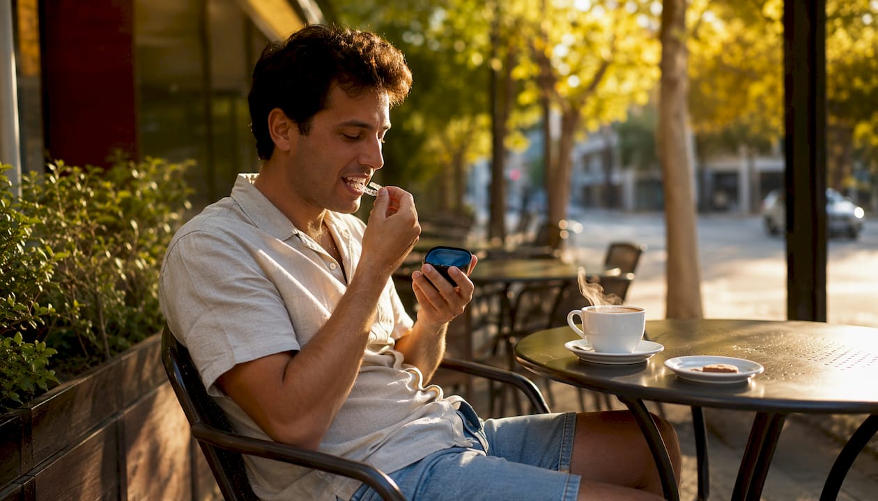 Young man putting on Invisalign aligner at home