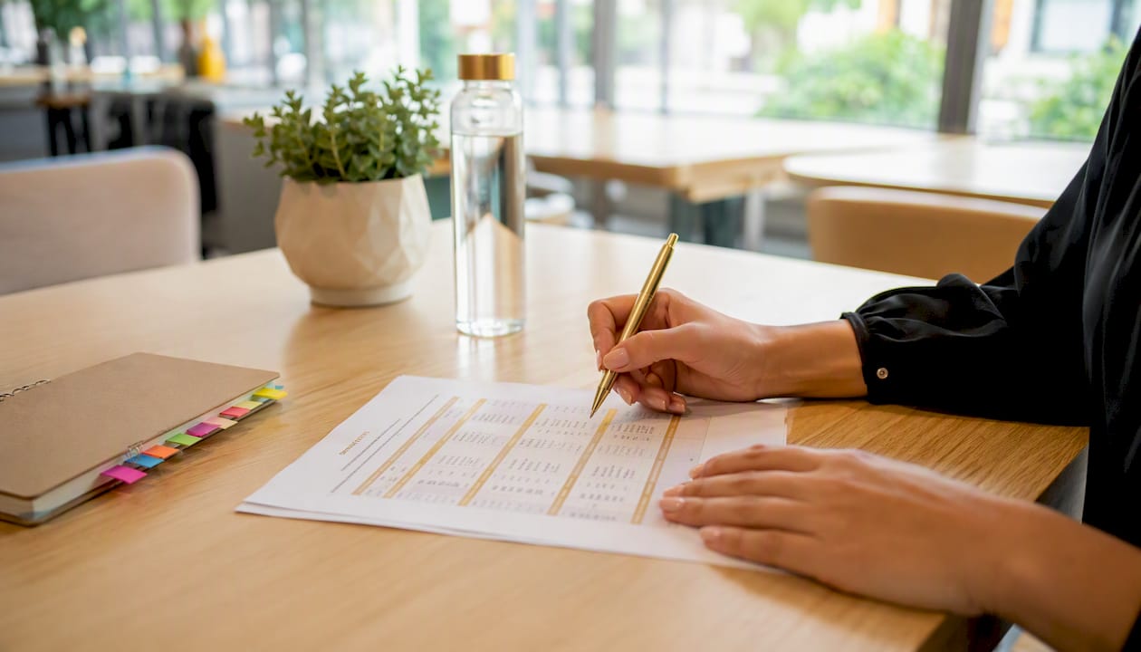 Hands reviewing orthodontic payment documents at dentist office