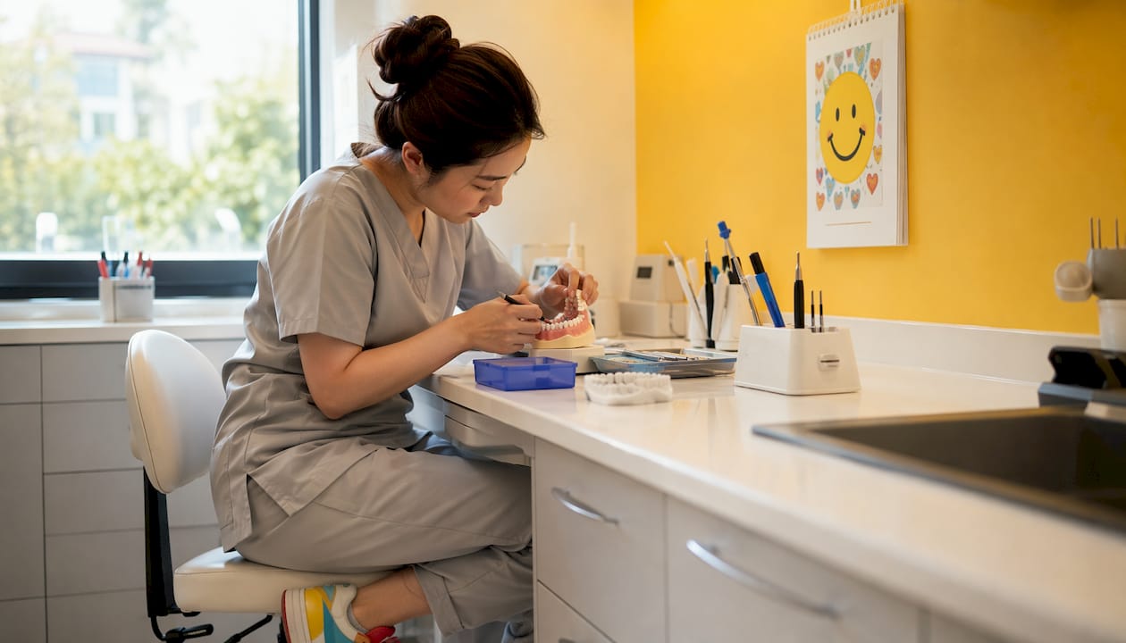 Dental technician fitting palatal expander