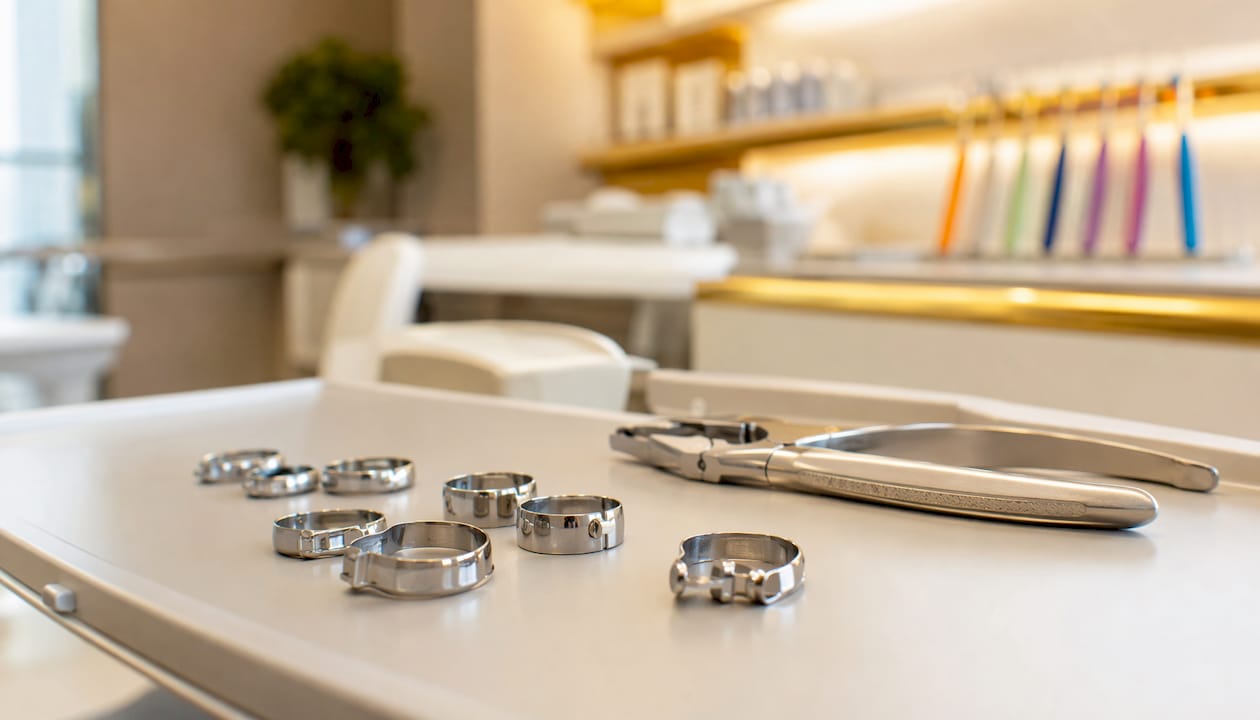 Close-up of stainless steel orthodontic bands on tray