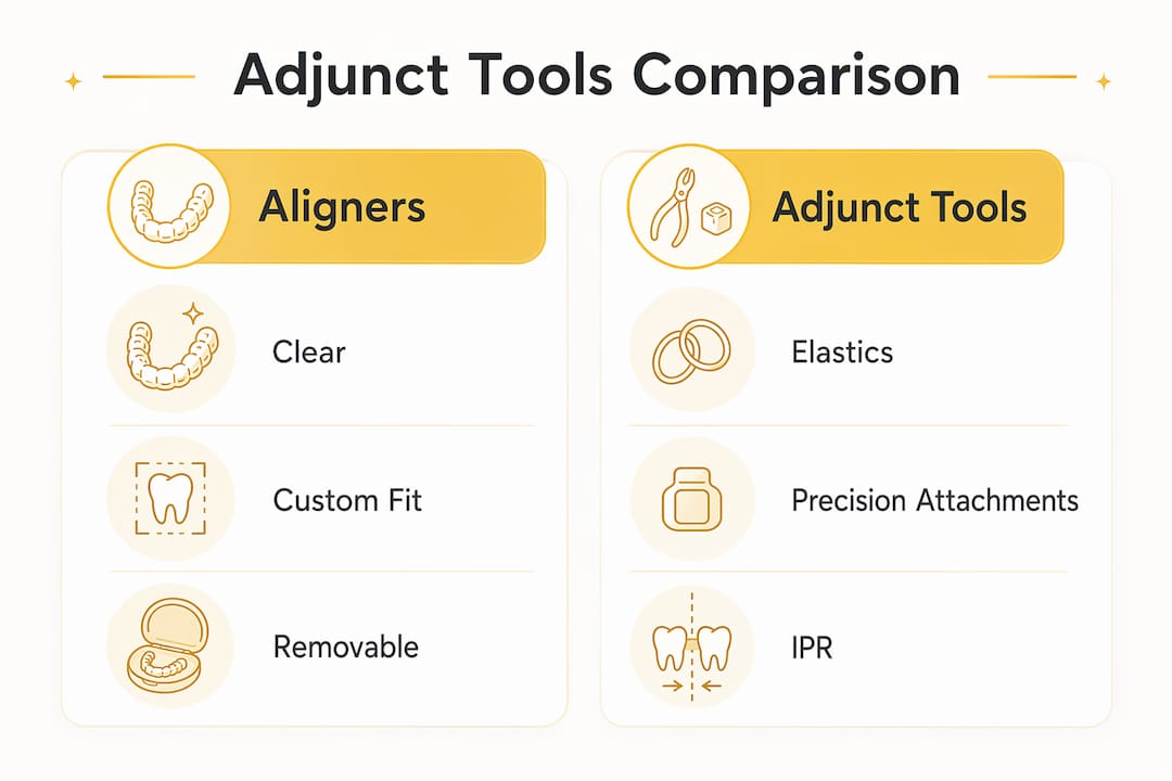 Infographic comparing aligners and adjunct orthodontic tools